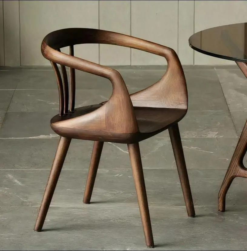 European Style Arm Less Nordic Chair Leaning Line Back Solid Wood Rope Rattan Dining Chair